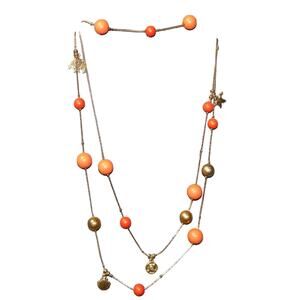 Vintage  Long Cool Hippie Orange & Gold Ball, Shell, Fish & Starfish Nec…